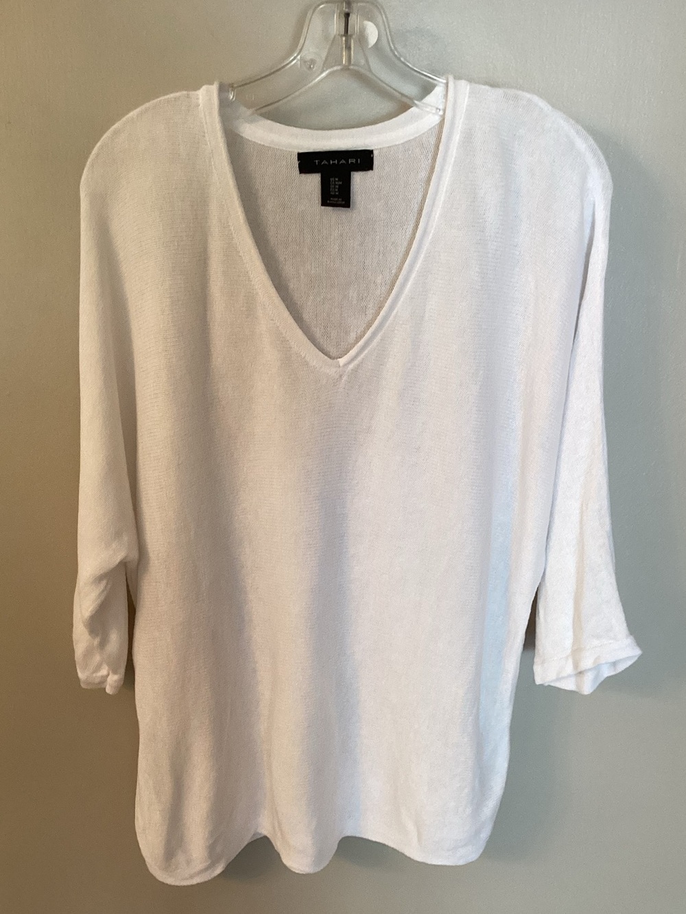 TAHARI SZ MED WHITE LINEN BLEND V NECK 3//4 SLEEVE SWEATER